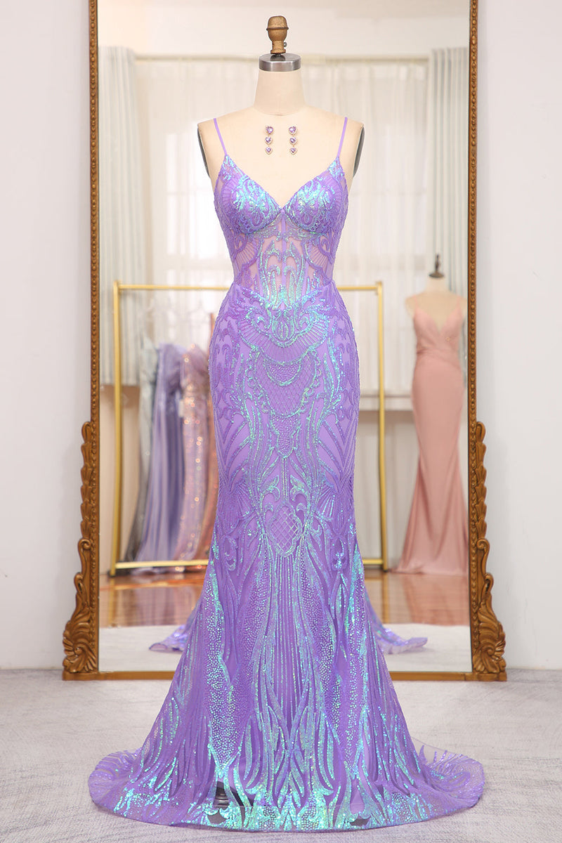 Load image into Gallery viewer, Sparkly Purple Mermaid Long Formal Dress With Embroidery Appliques