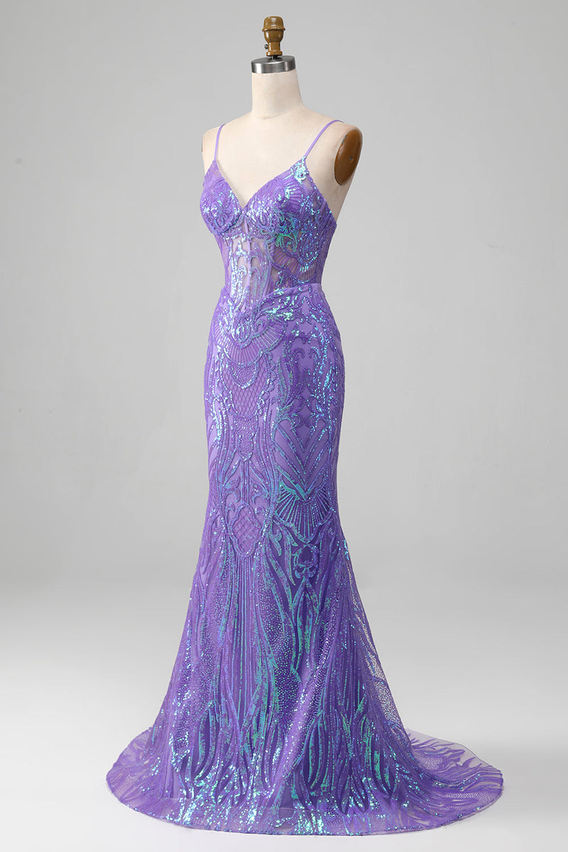 Queendancer Women Sparkly Purple Corset Prom Dress Mermaid Sequins ...