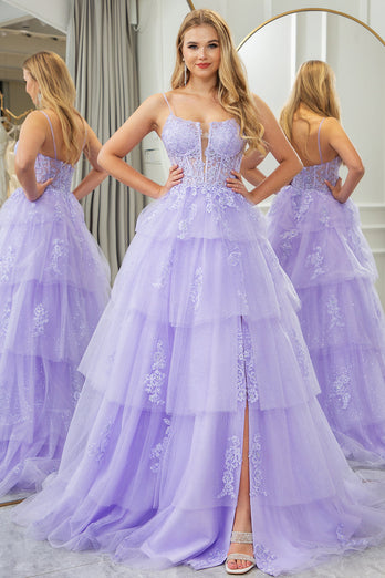 Lilac A Line Appliqued Tiered Long Corset Formal Dress With Slit