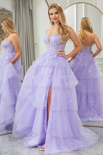 Lilac A Line Appliqued Tiered Long Corset Formal Dress With Slit