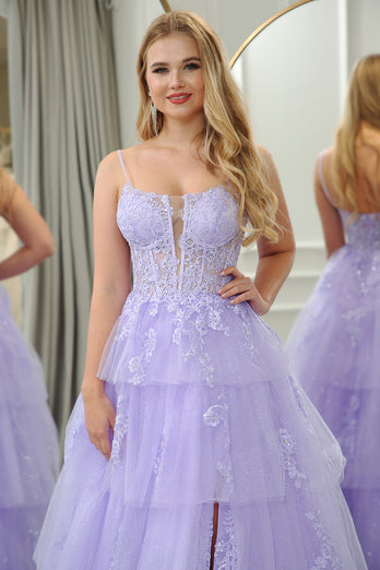 Lilac A Line Appliqued Tiered Long Corset Formal Dress With Slit