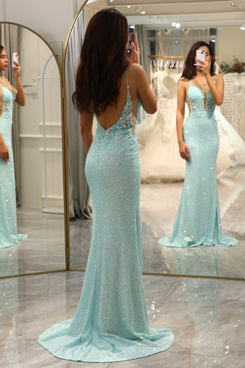 Glitter Light Green Mermaid Long Formal Dress With Appliques