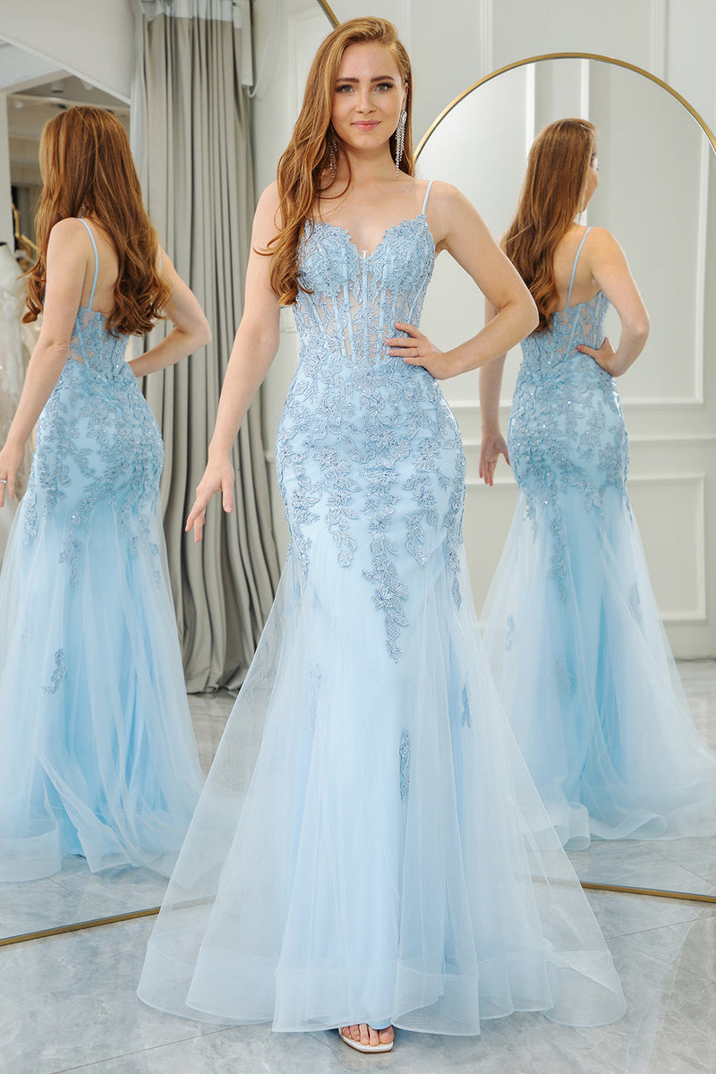 Load image into Gallery viewer, Light Blue Mermaid Backless Appliqued Long Corset Formal Dress With Slit