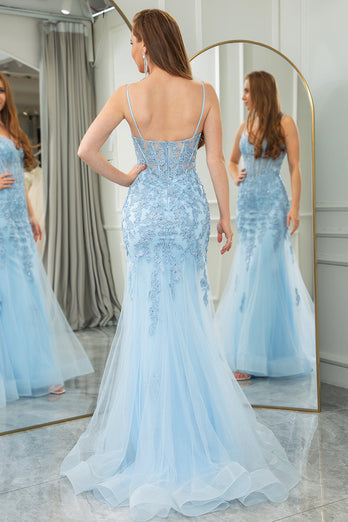 Light Blue Mermaid Backless Appliqued Long Corset Formal Dress With Slit