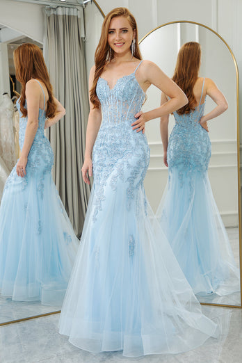 Light Blue Mermaid Backless Appliqued Long Corset Formal Dress With Slit