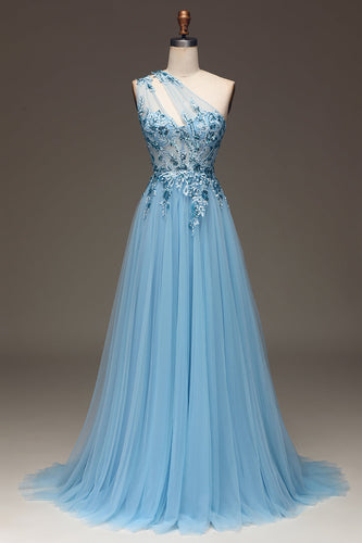Light Blue A-Line One Shoulder Sequin Formal Dress with Appliques