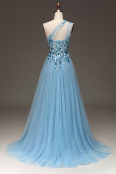 Light Blue A-Line One Shoulder Sequin Formal Dress with Appliques