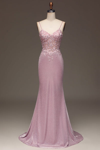 Glitter Blush Mermaid Spaghetti Straps Long Formal Dress with Beading