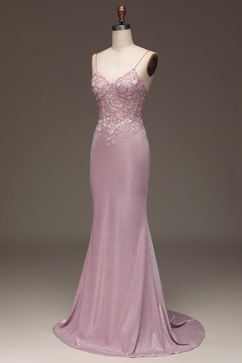 Glitter Blush Mermaid Spaghetti Straps Long Formal Dress with Beading