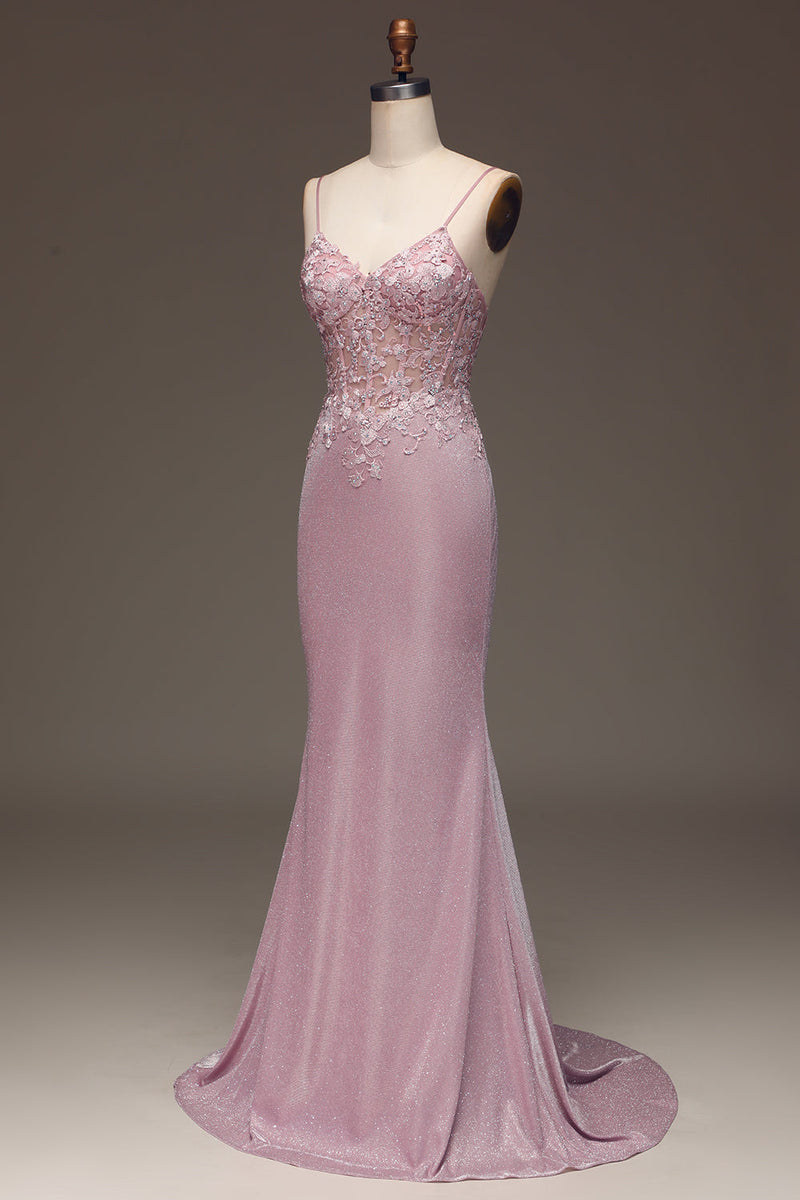 Load image into Gallery viewer, Glitter Blush Mermaid Spaghetti Straps Long Formal Dress with Beading