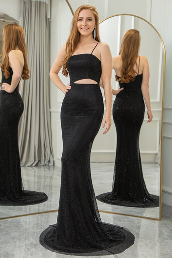 Glitter Black Mermaid Cut Out Long Formal Dress