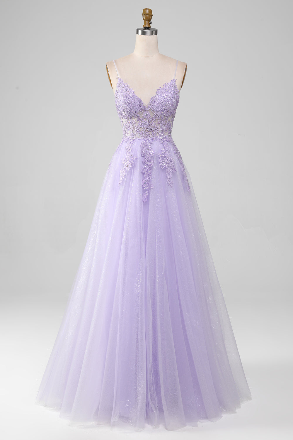 Sparkly Light Purple A-Line Spaghetti Straps Long Formal Dress With Beading