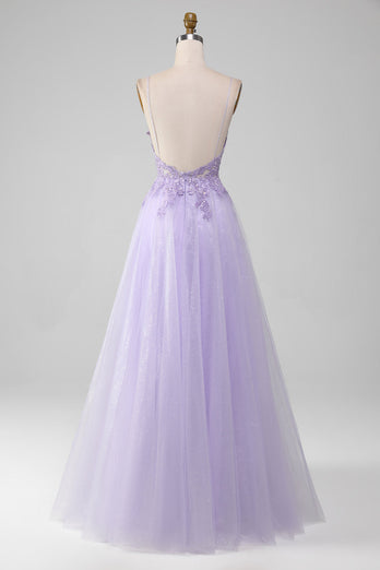 Sparkly Light Purple A-Line Spaghetti Straps Long Formal Dress With Beading