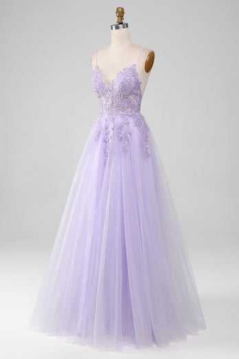 Sparkly Light Purple A-Line Spaghetti Straps Long Formal Dress With Beading