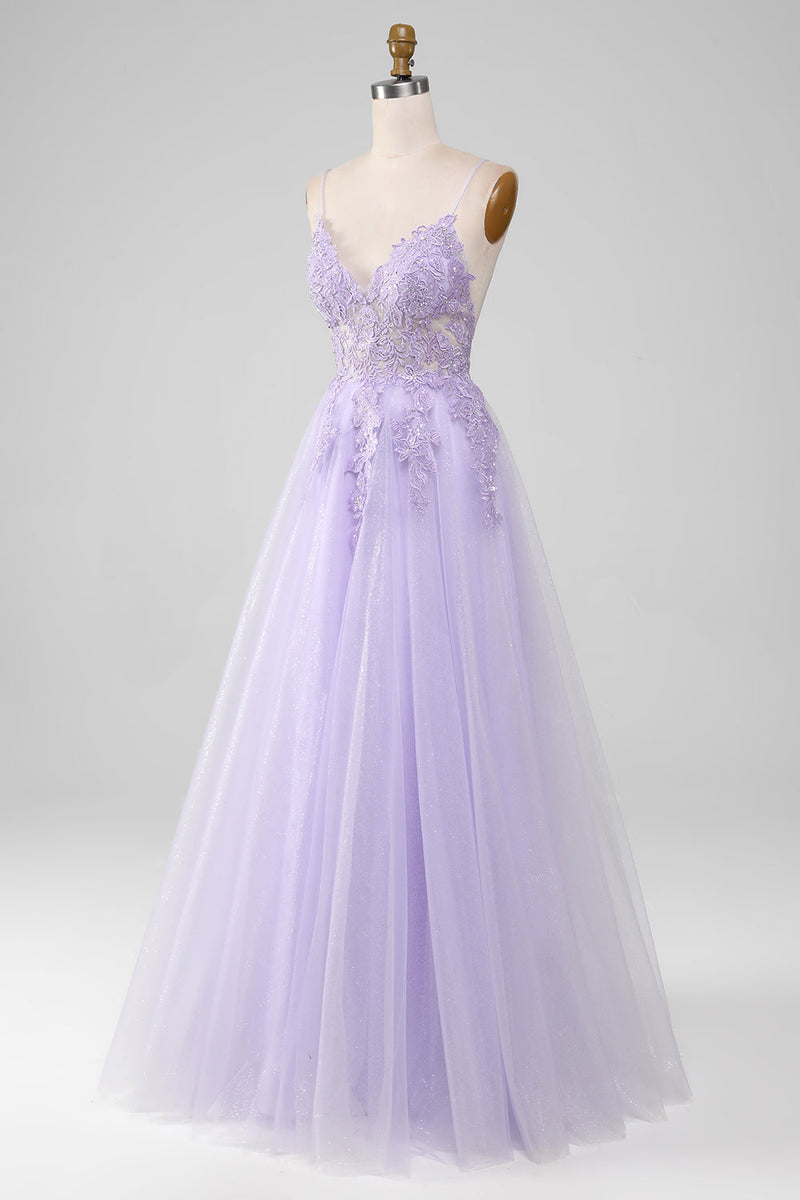 Load image into Gallery viewer, Sparkly Light Purple A-Line Spaghetti Straps Long Formal Dress With Beading