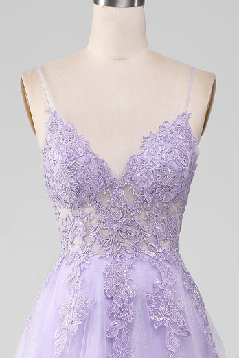 Sparkly Light Purple A-Line Spaghetti Straps Long Formal Dress With Beading