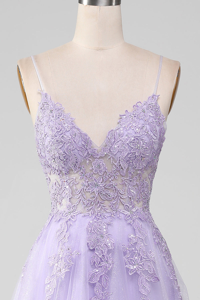 Load image into Gallery viewer, Sparkly Light Purple A-Line Spaghetti Straps Long Formal Dress With Beading