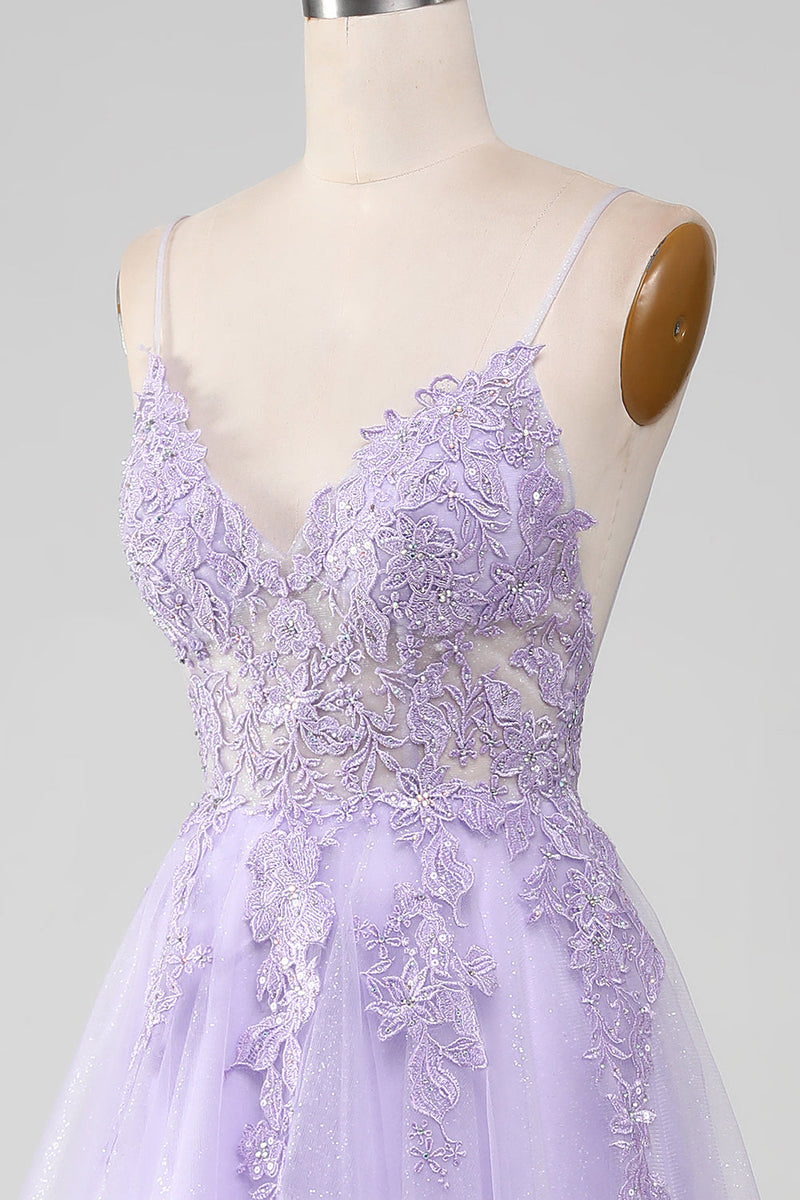 Load image into Gallery viewer, Sparkly Light Purple A-Line Spaghetti Straps Long Formal Dress With Beading