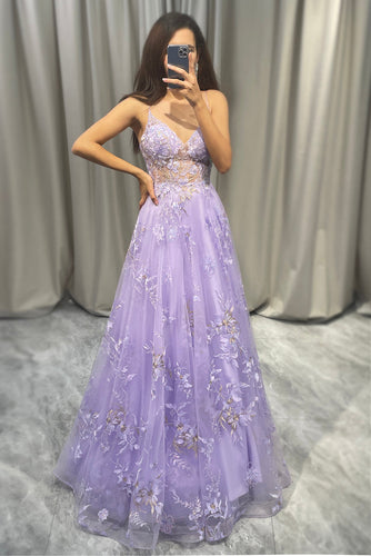 Elegant Purple A Line Tulle Long Formal Dress With Appliques