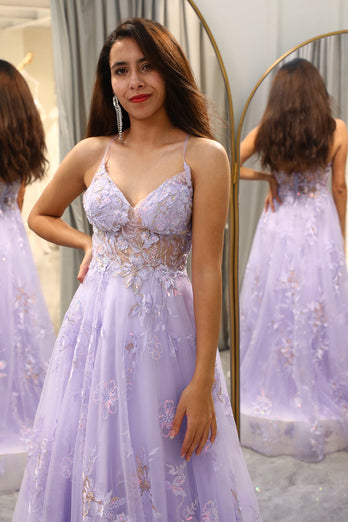 Elegant Purple A Line Tulle Long Appliqued Formal Dress