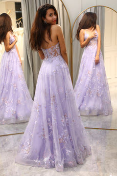 Elegant Purple A Line Tulle Long Appliqued Formal Dress