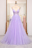 Load image into Gallery viewer, Lilac A-Line Spaghetti Straps Long Beaded and Tulle Formal Dress with Appliques