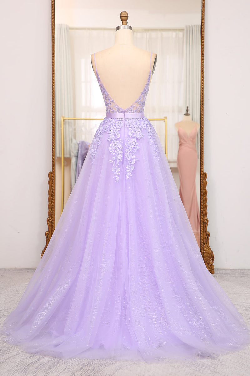 Load image into Gallery viewer, Lilac A-Line Spaghetti Straps Long Beaded and Tulle Formal Dress with Appliques