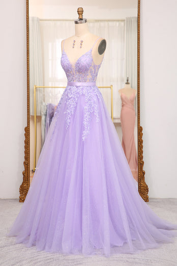 Lilac A-Line Spaghetti Straps Long Beaded and Tulle Formal Dress with Appliques