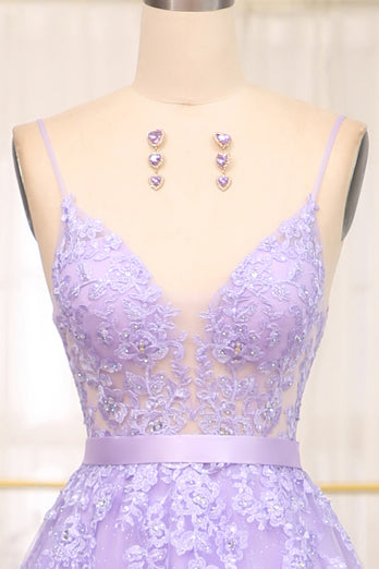 Lilac A-Line Spaghetti Straps Long Beaded and Tulle Formal Dress with Appliques