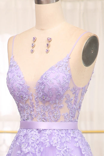 Lilac A-Line Spaghetti Straps Long Beaded and Tulle Formal Dress with Appliques