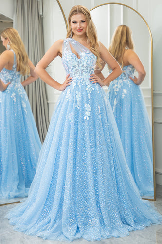 Light Blue A Line One Shoulder Tulle Long Formal Dress With Appliques