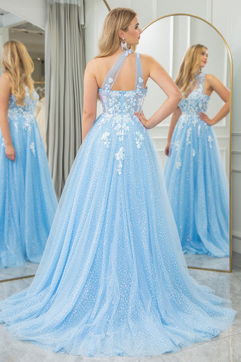 Light Blue A Line One Shoulder Tulle Long Formal Dress With Appliques