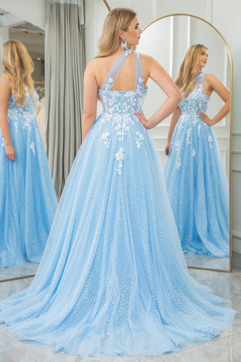 Load image into Gallery viewer, Light Blue A Line One Shoulder Tulle Long Formal Dress With Appliques