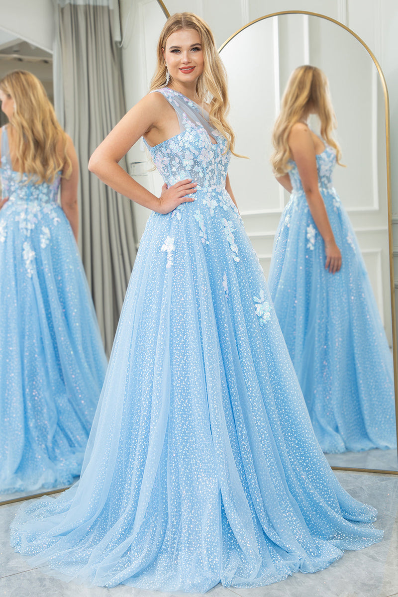 Load image into Gallery viewer, Light Blue A Line One Shoulder Tulle Long Formal Dress With Appliques