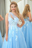 Load image into Gallery viewer, Light Blue A Line One Shoulder Tulle Long Formal Dress With Appliques