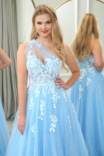 Light Blue A Line One Shoulder Tulle Long Formal Dress With Appliques