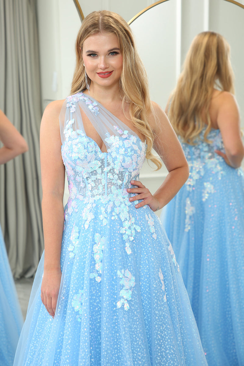 Load image into Gallery viewer, Light Blue A Line One Shoulder Tulle Long Formal Dress With Appliques