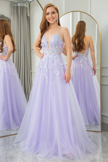 Lilac A Line Tulle Backless Long Formal Dress With Sequined Appliques