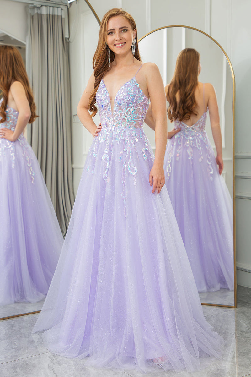 Load image into Gallery viewer, Lilac A Line Tulle Backless Long Formal Dress With Sequined Appliques