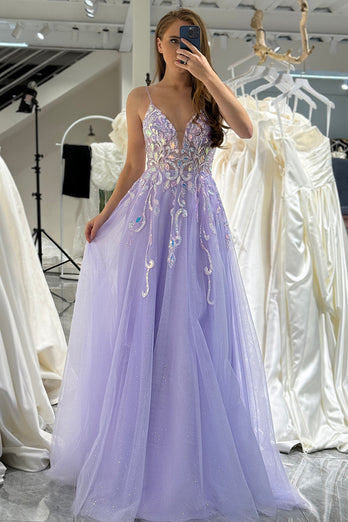 Lilac A Line Tulle Backless Long Formal Dress With Sequined Appliques