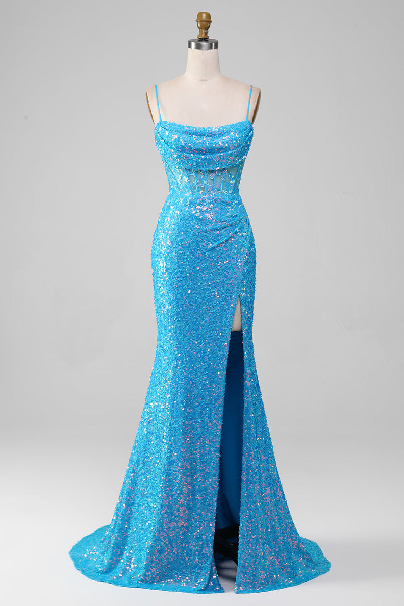 Load image into Gallery viewer, Spaghetti Straps Blue Sparkly Corset Formal Dress with Slit