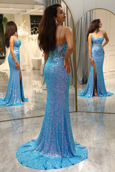 Sparkly Blue Mermaid Long Formal Dress With Slit