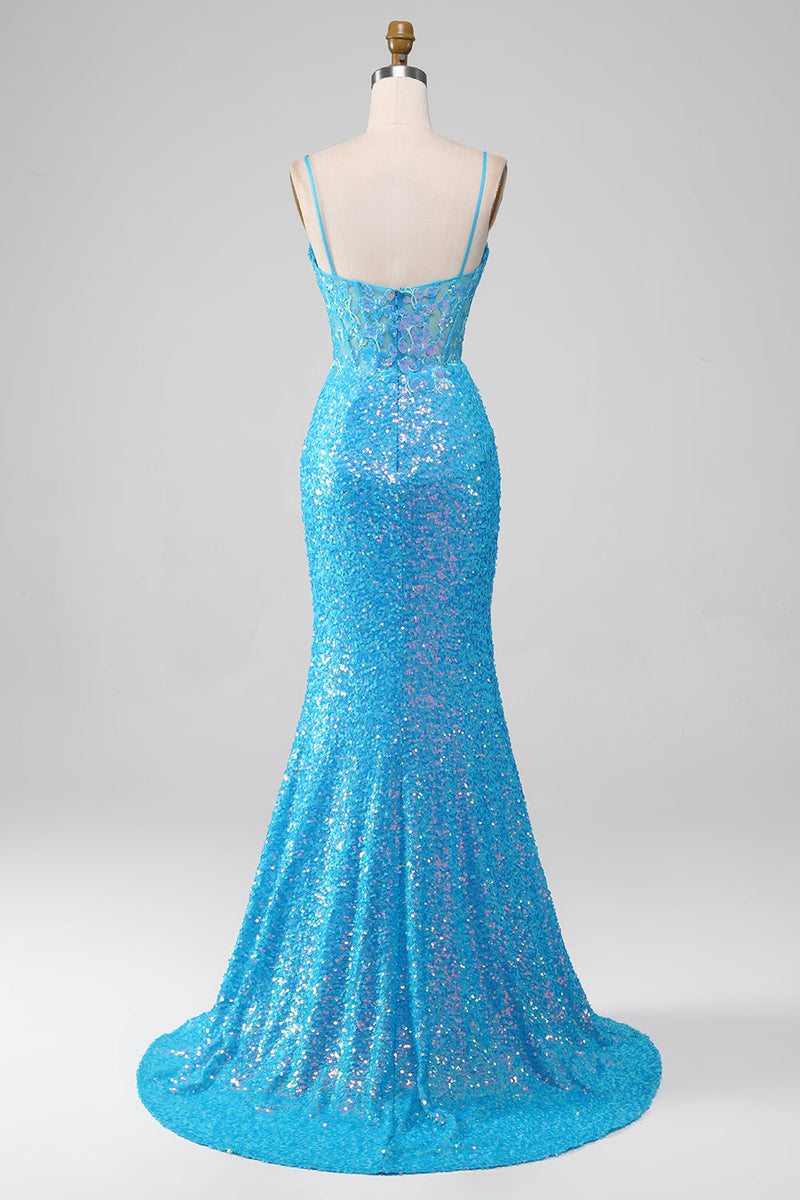 Load image into Gallery viewer, Spaghetti Straps Blue Sparkly Corset Formal Dress with Slit