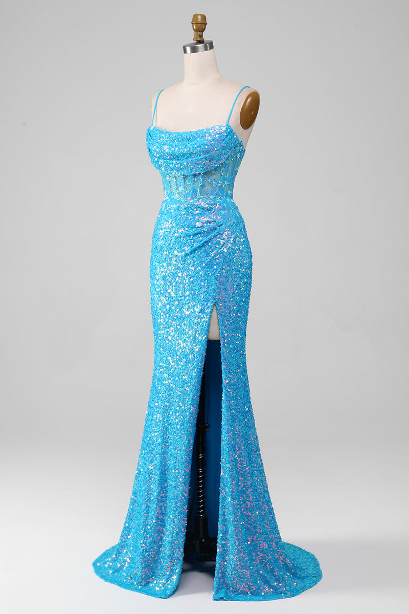 Load image into Gallery viewer, Spaghetti Straps Blue Sparkly Corset Formal Dress with Slit