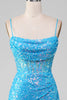 Load image into Gallery viewer, Spaghetti Straps Blue Sparkly Corset Formal Dress with Slit