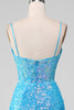 Load image into Gallery viewer, Spaghetti Straps Blue Sparkly Corset Formal Dress with Slit