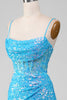 Load image into Gallery viewer, Spaghetti Straps Blue Sparkly Corset Formal Dress with Slit