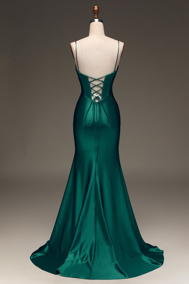 Load image into Gallery viewer, Satin Mermaid Lace-Up Back Dark Green Formal Dress
