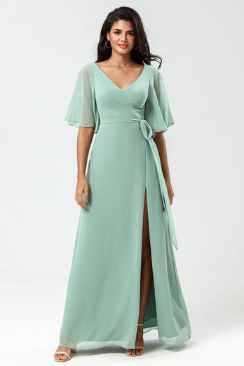 A-Line V-Neck Matcha Long Bridesmaid Dress with Slit