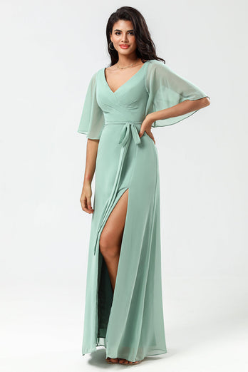 A-Line V-Neck Matcha Long Bridesmaid Dress with Slit